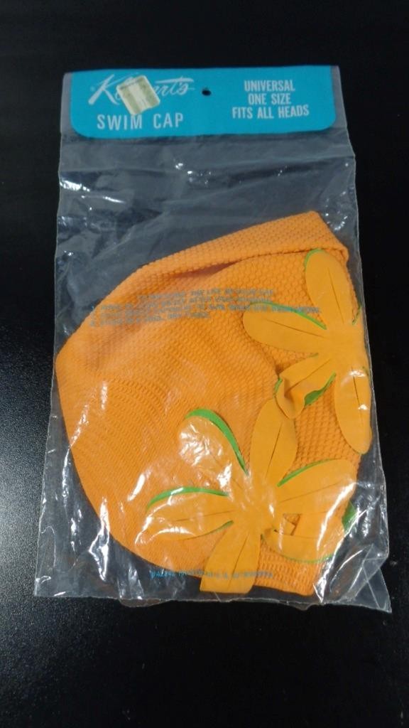VINTAGE 1970's ERA NEVER OPENED KLEINERT'S ORANGE / GREEN SWIM CAP GREAT BRITAIN