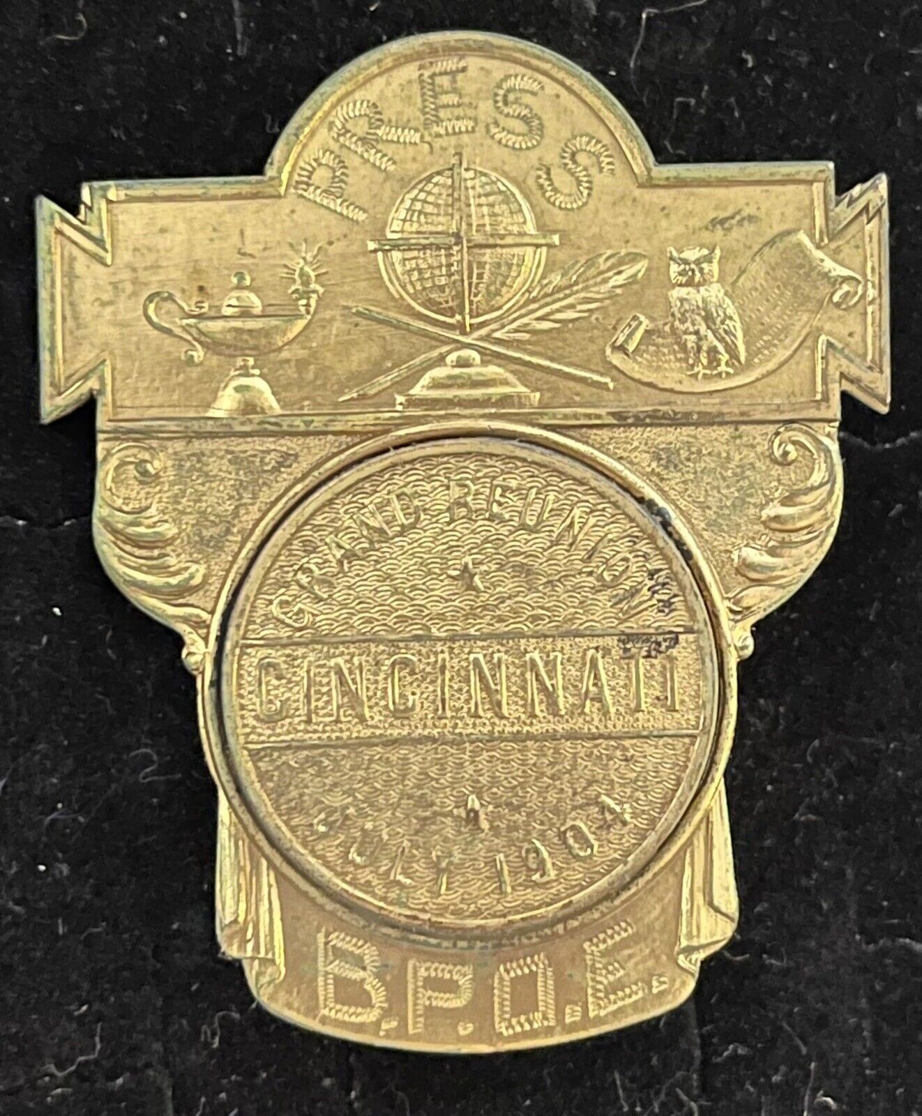 Antique 1904 PRESS Badge Pin B.P.O.E Grand Reunion Cincinnati Ohio