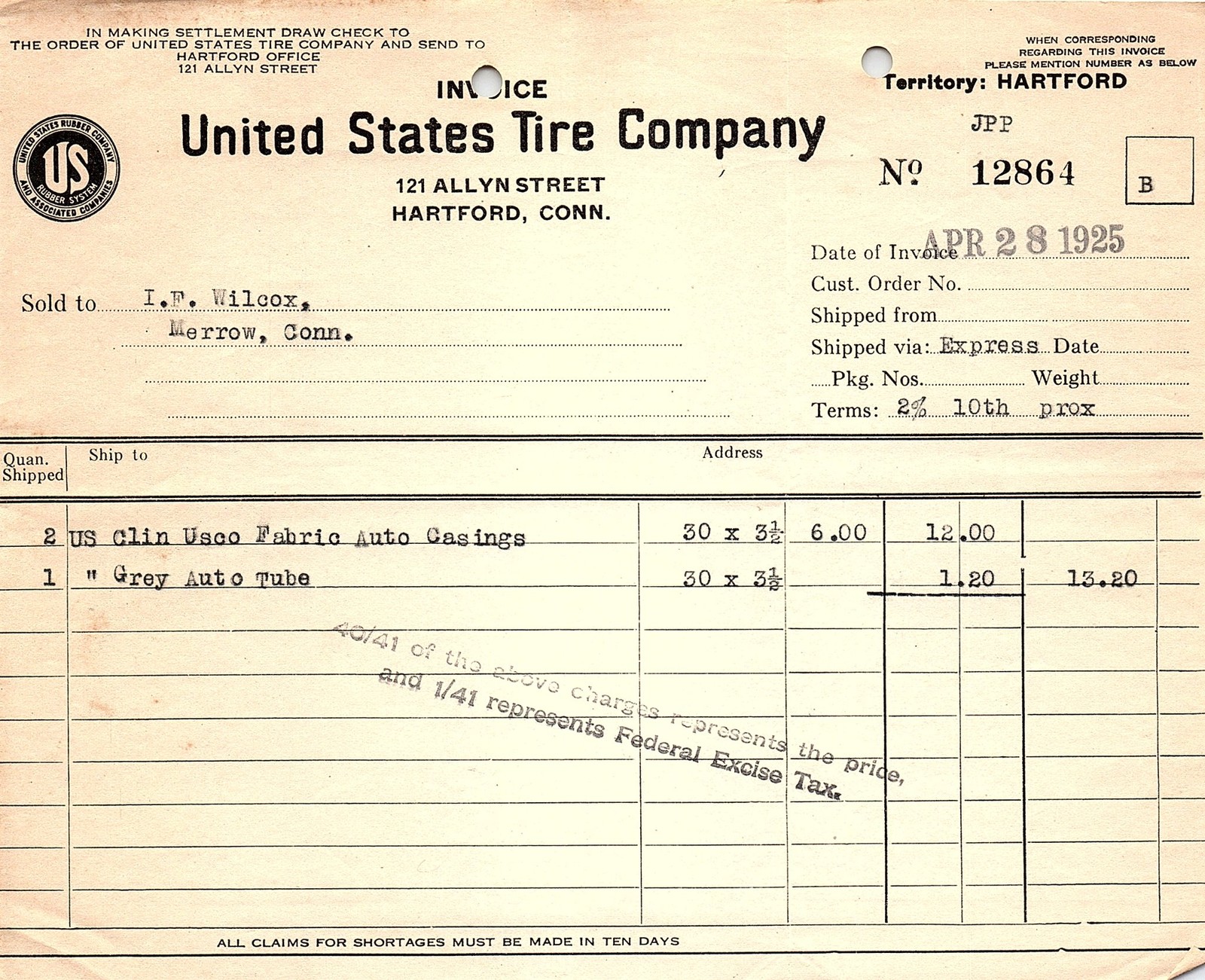 1925 US Tire Co invoice for auto tires & tubes