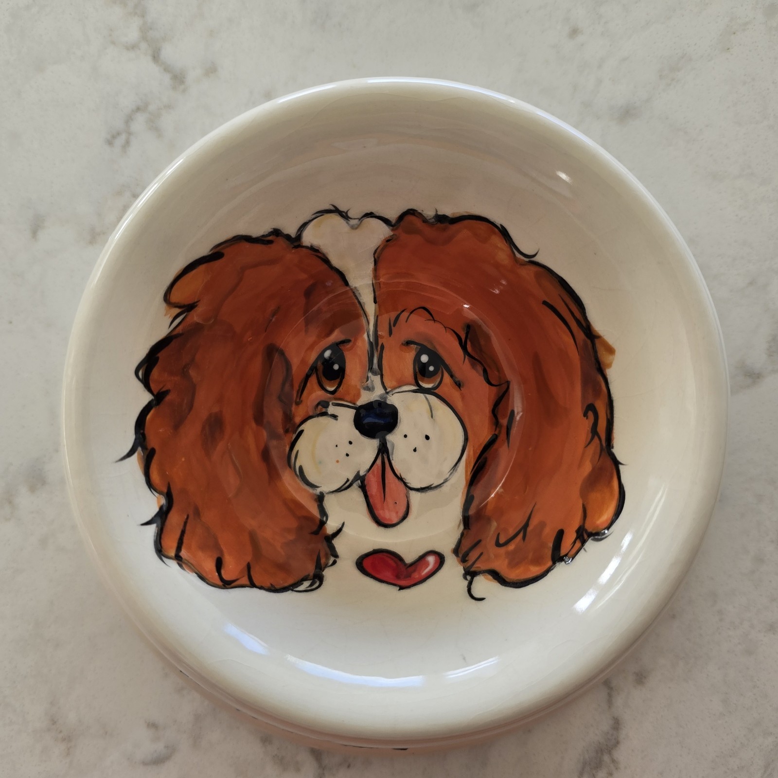 Ceramic Dog Bowl Cavalier King Charles Spaniel. Signed. Fr Laguna Beach. Crazing