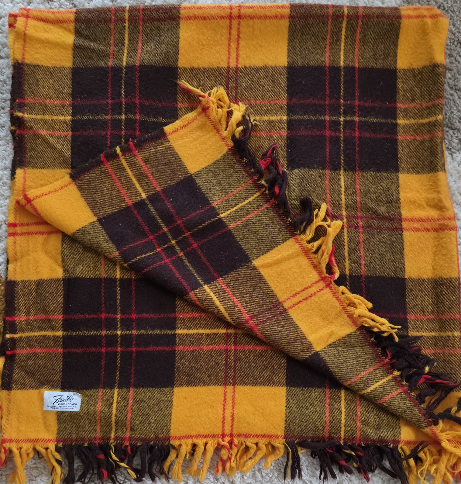 Vintage Faribo Fluff Loomed Wool Plaid Throw with Fringed Ends & Original Bag