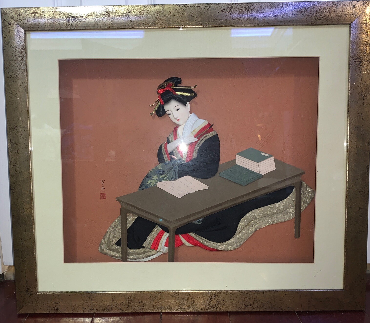 Vintage Japanese Shadow Box 3D Wall Art Mixed Material Geisha Girl Studying 19”