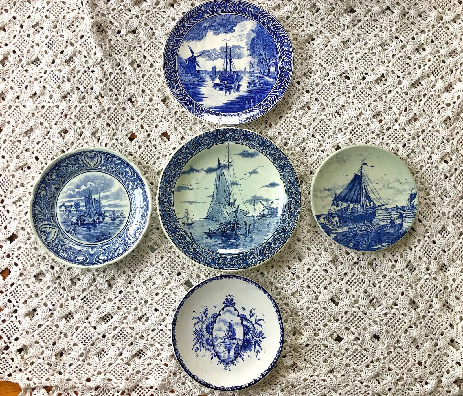 Delft Blue plates (set of 5), ships, sea, fishermen, sailing themed, antique