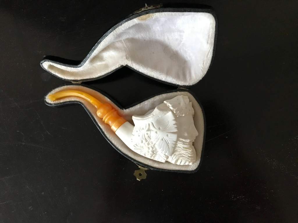 Vintage Block Meerschaum Hand Carved Pipe of Greek God with Custom Case Unsmoked