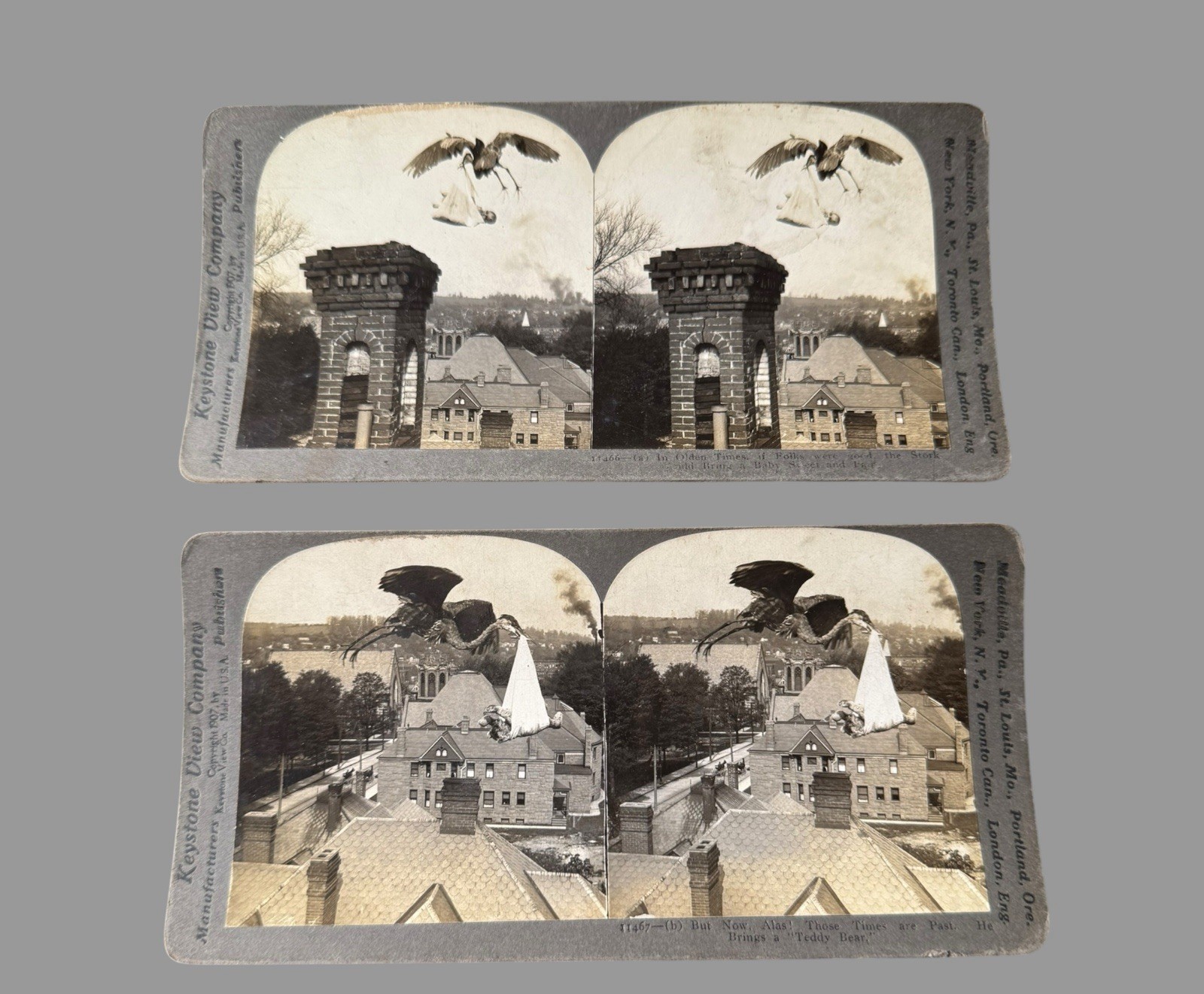 Antique Keystone Stereoview Pair Stork Baby Teddy Bear Comic Story 1900s
