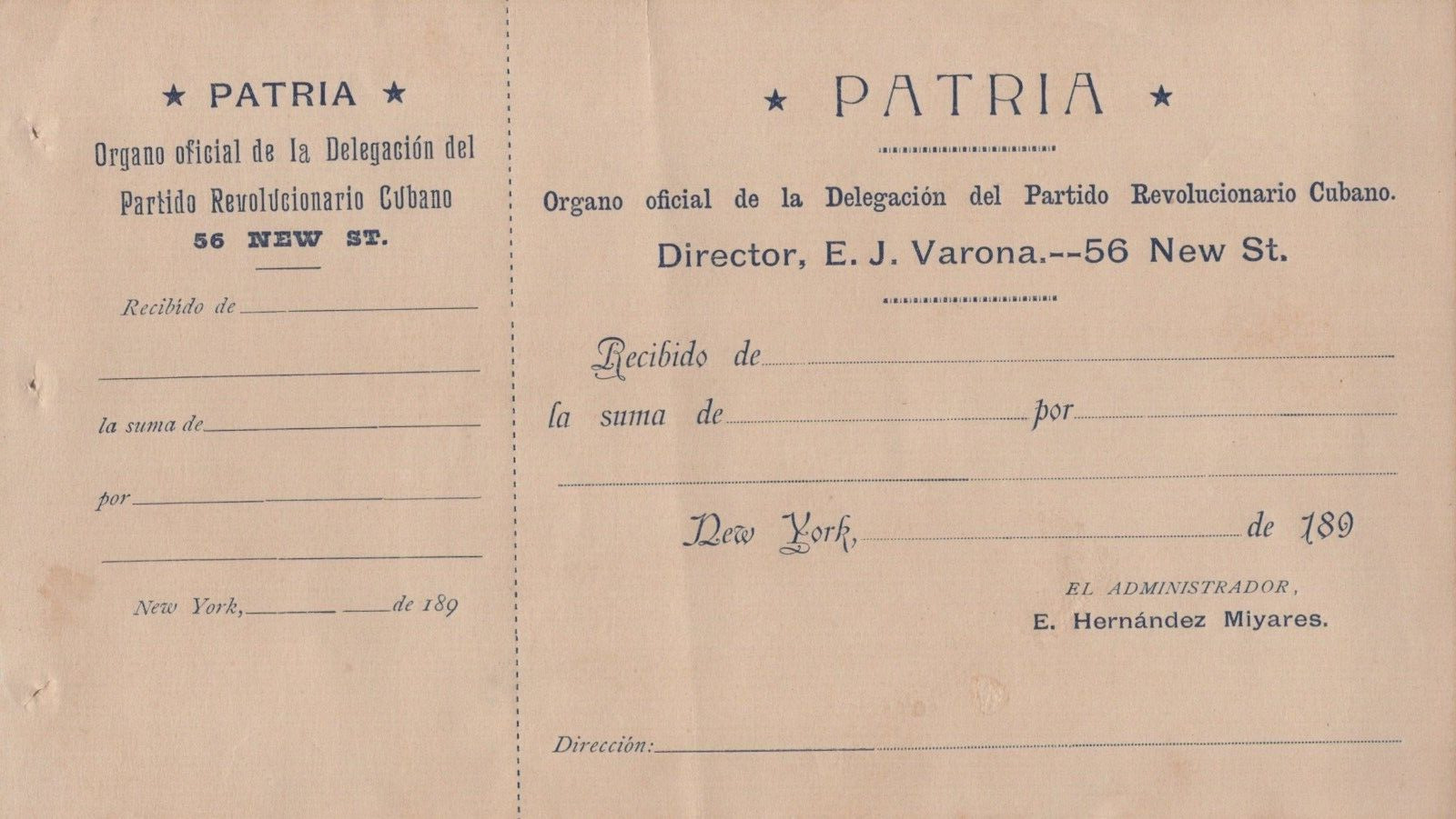 1890s Receipt Document SPANISH AMERICAN WAR Jose Marti Patriotic Club