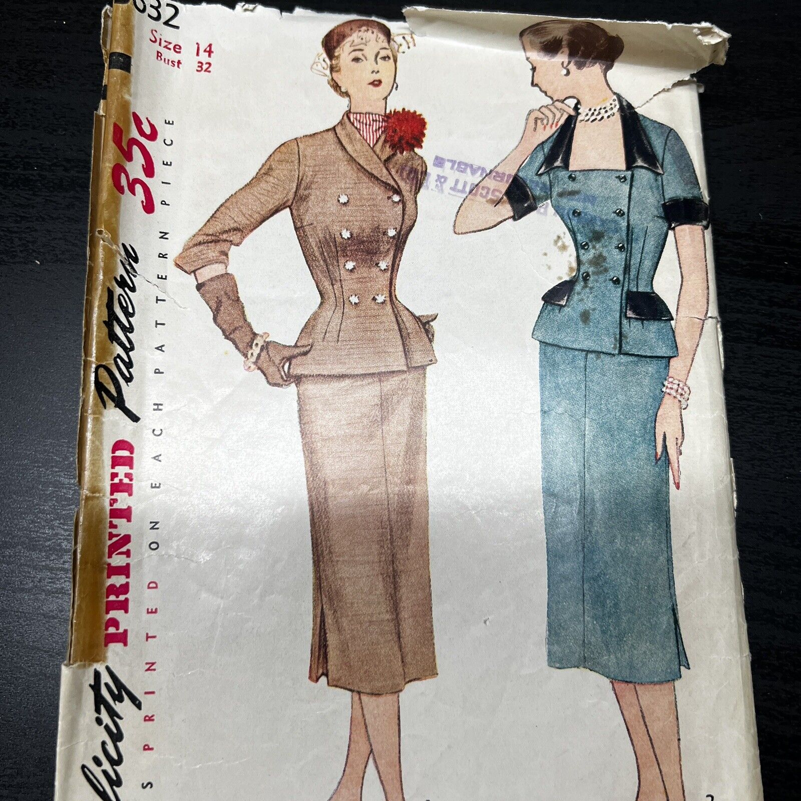 Vintage 1950s Simplicity 3746 Double Breasted Top + Skirt Sewing Pattern 14 CUT
