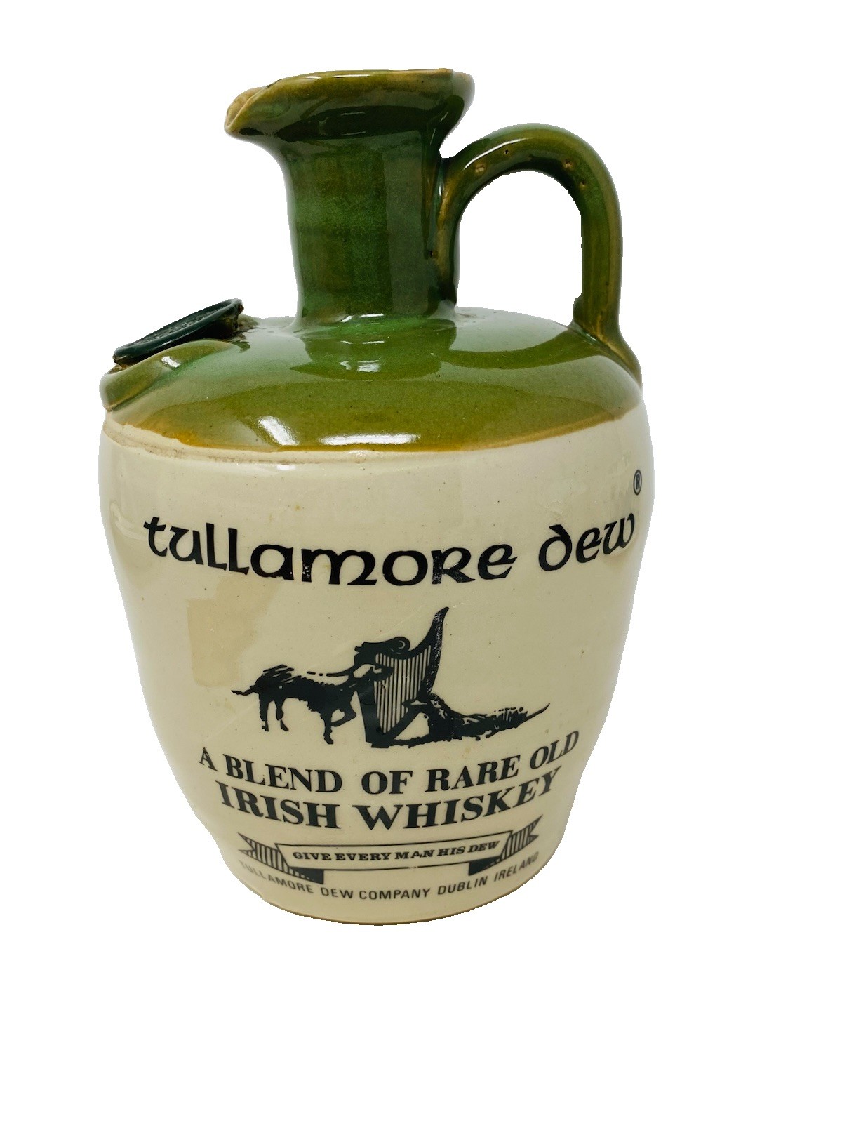 Vintage Tullamore Dew Irish Whiskey Stoneware Jug With Spout Green Glaze Ireland