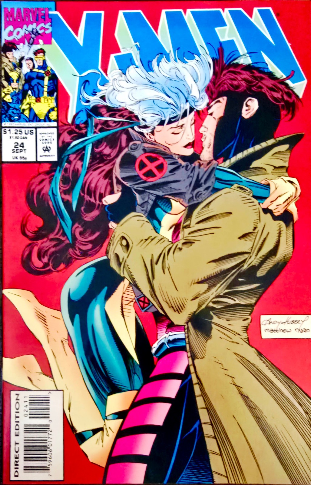 X-MEN #24 1993 Rogue & Gambit Kiss Cover Andy Kubert Marvel Direct VF- 7.5