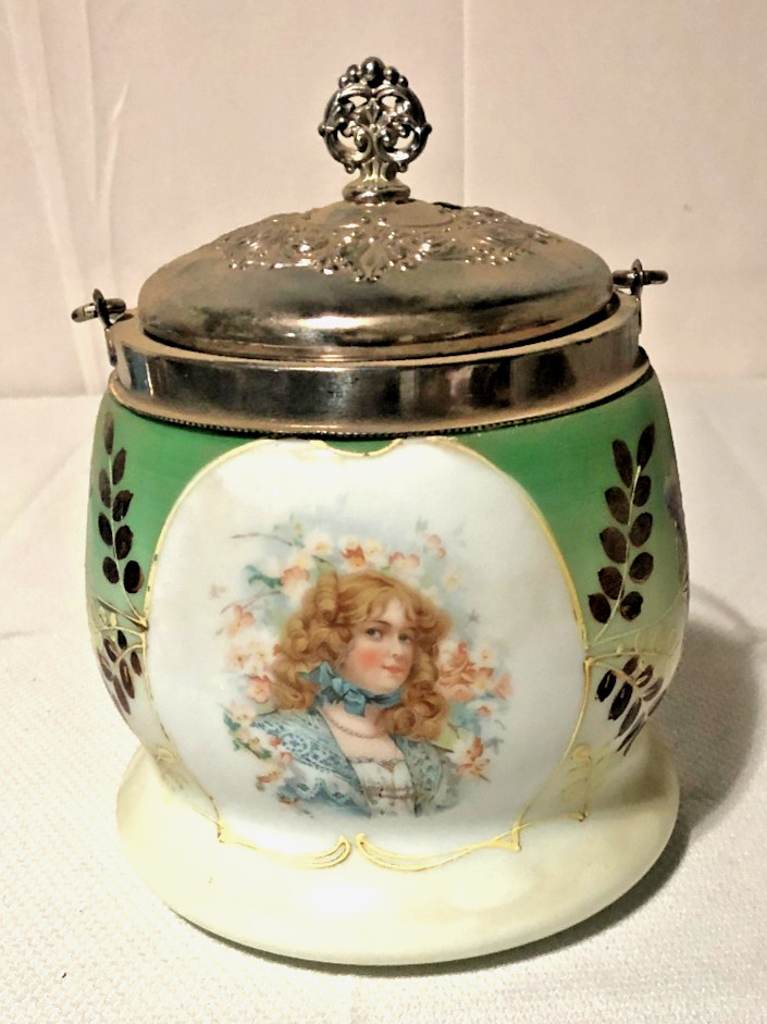 Antique Victorian Glass Hand Painted Woman Portrait Biscuit/Cracker Jar/Austria