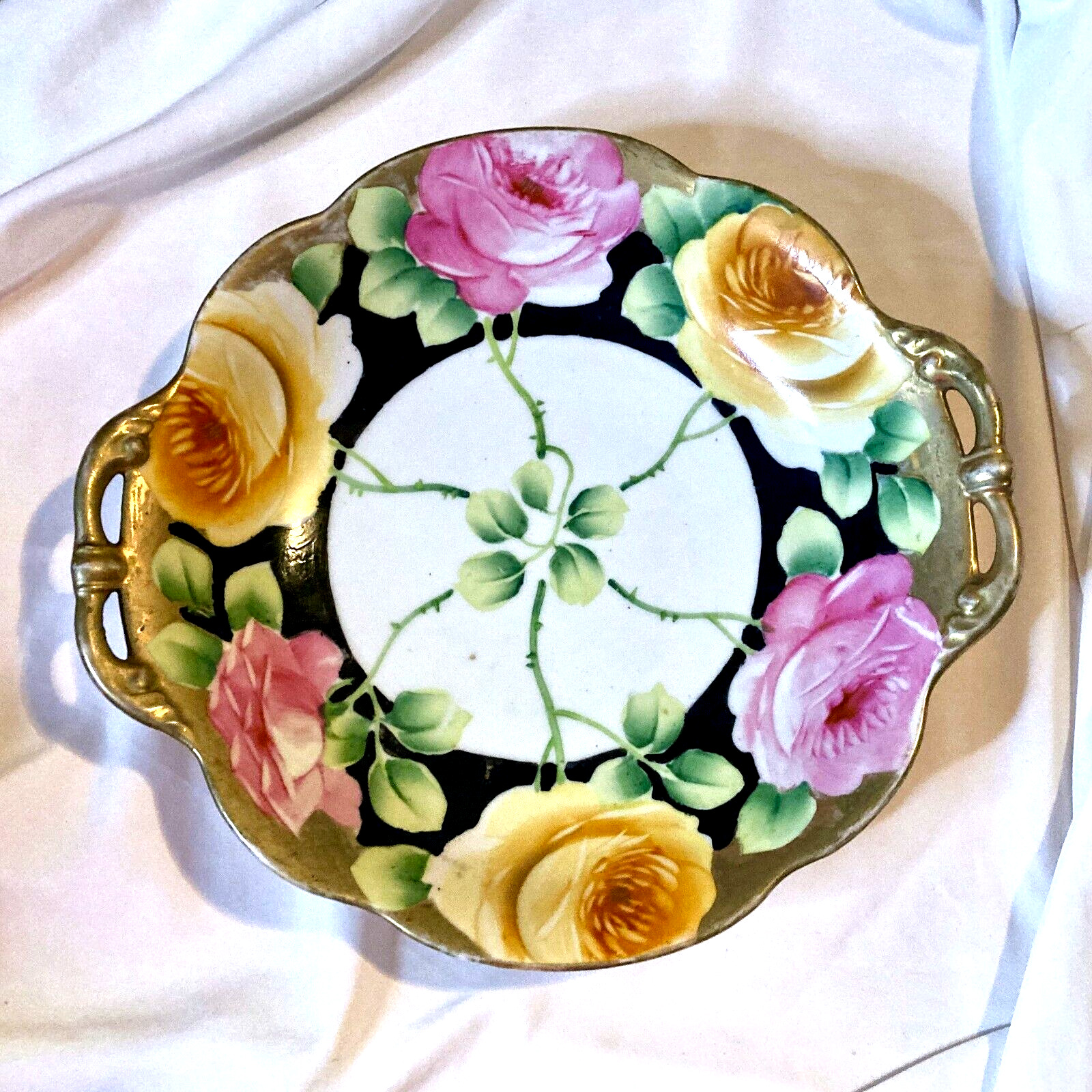 Nippon Hand Painted Floral Bowl Gilt Handles & Scalloped Trim Cottage Core Japan