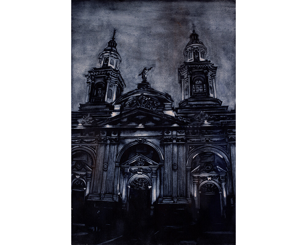 Santiago, Chile Cathedral fine art painting.  Fine art watercolor Chile (print)