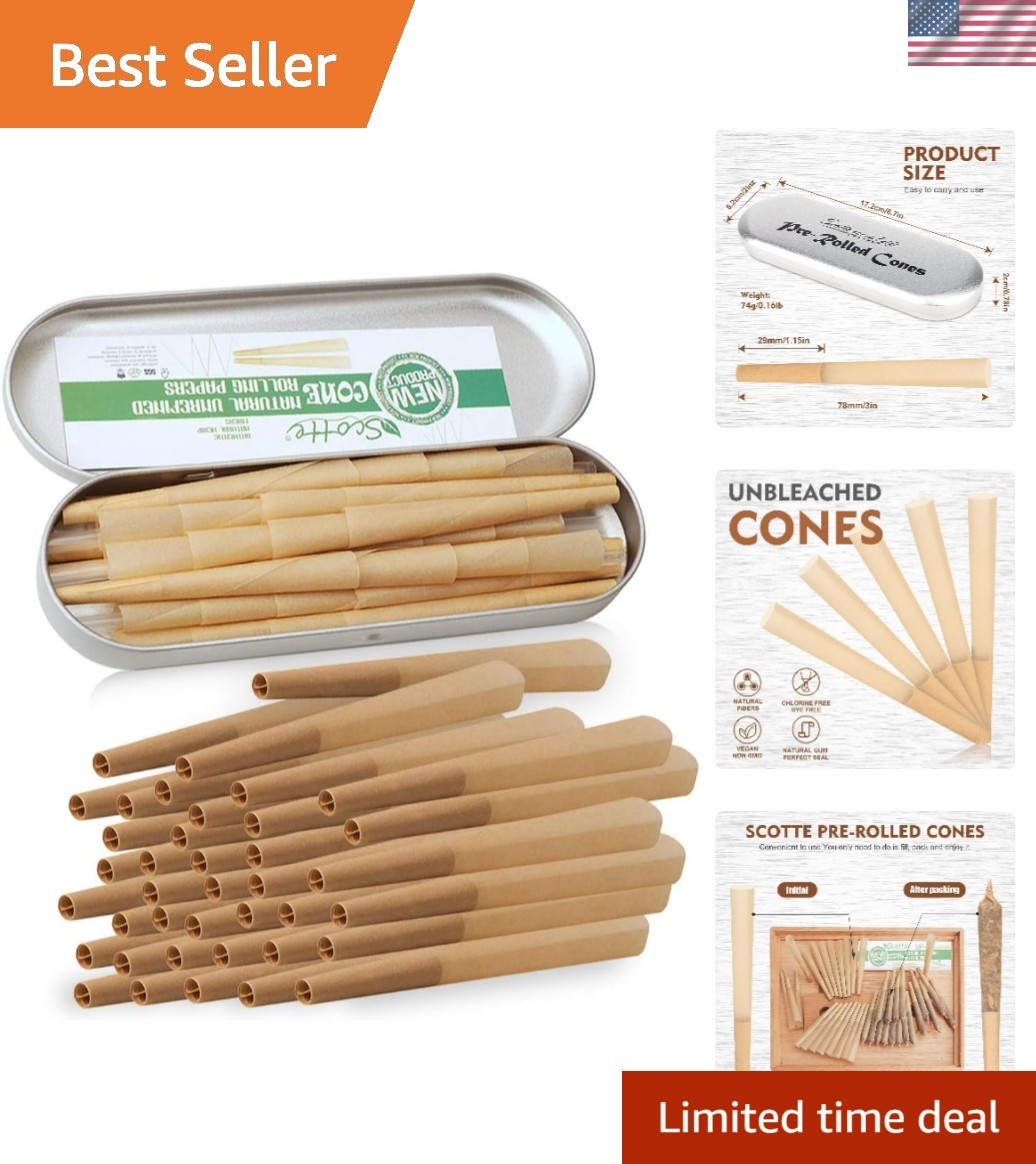 40 Organic Pre-Rolled Cones - 1 1/4 Size, Translucent Slim for Smooth Burning