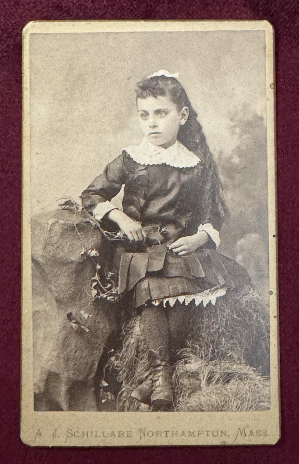 Antique CDV Beautiful Young Girl Long Dark Hair Massachusetts Schillare Studio