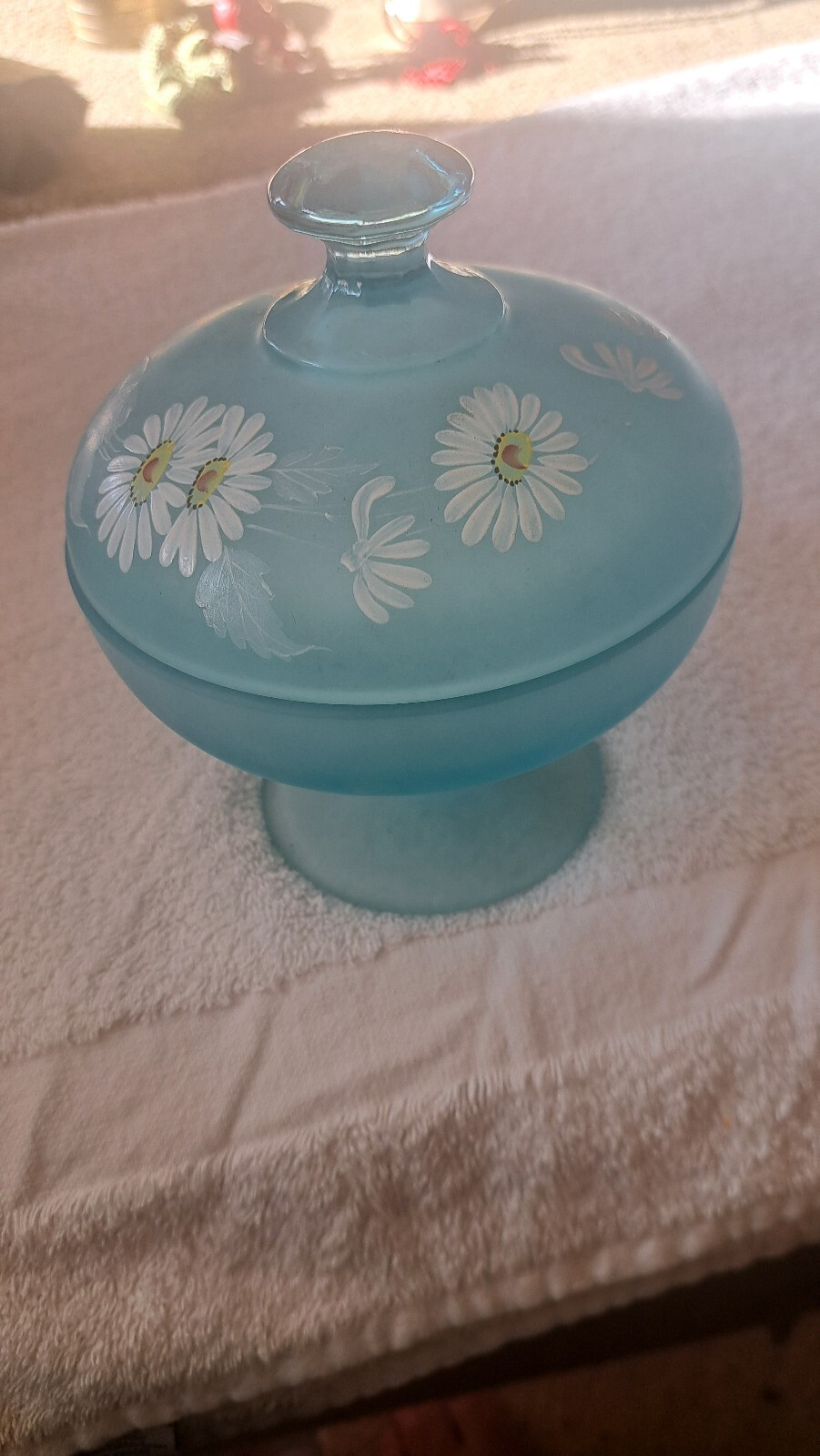 Vtg Westmoreland Blue Satin Glass Candy Dish Lid Hand Painted Daisies Mist 1970s