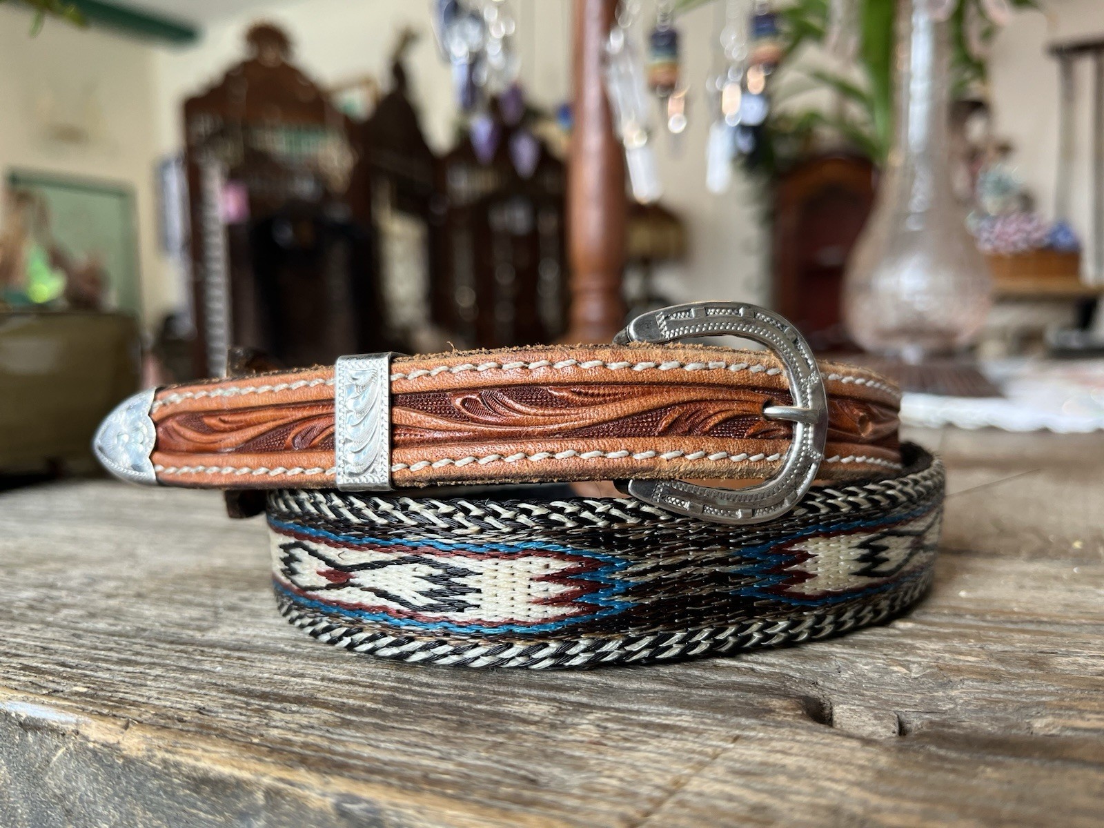 Diablo Sterling Buckle Set Horsehair Hitched Tooled Belt Cowboy American Western Diablo Sterling Buckle Set Horsehair Hitched Tooled Belt Cowboy American Western