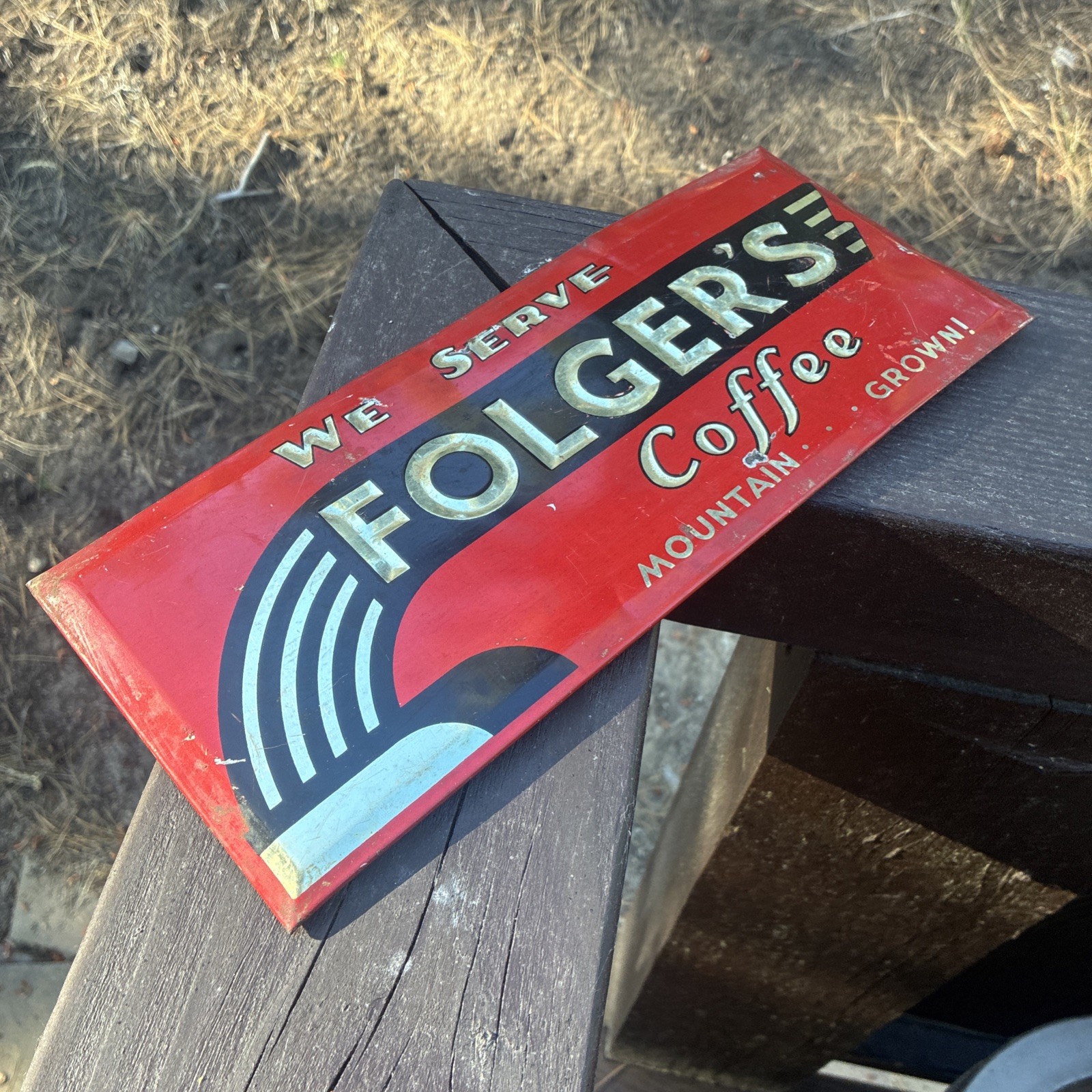 We Serve Folgers Coffee Mountain Grown tin cardboard advertising display sign