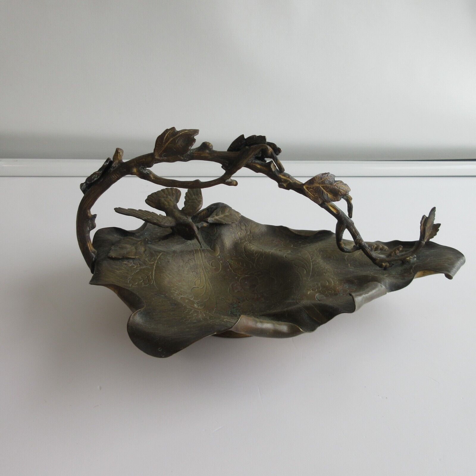 Antique Art Nouveau Bronze / Brass Bowl Tray Bird Leaves Basket dresser tinket