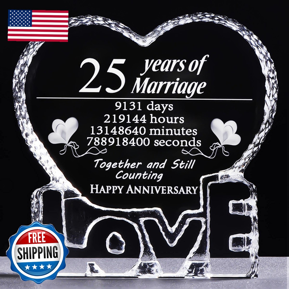 YWHL 25th Wedding Anniversary Crystal Paperweight - 25 Year Marriage