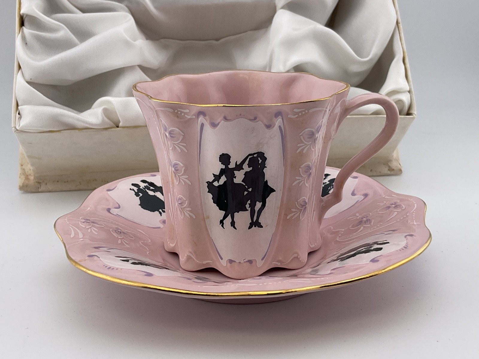vintage H & C czechoslovakia pink porcelain cup and saucer in original box