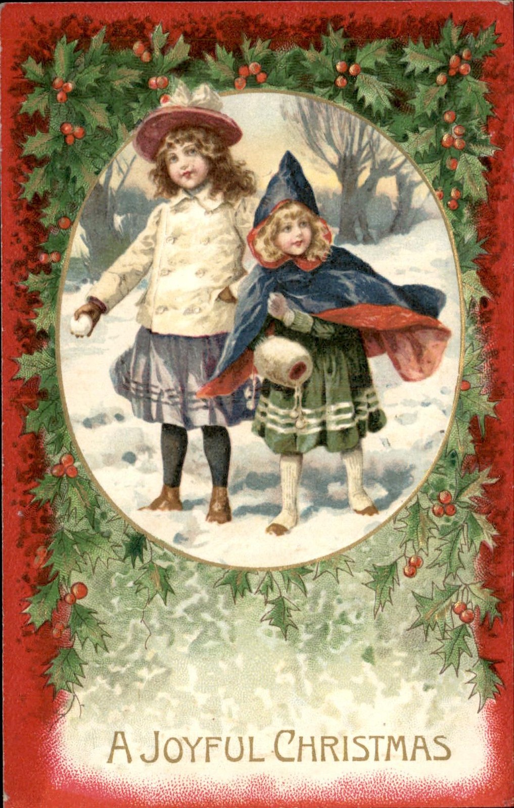 Christmas Children in Winter Clothes Winter Scene c1900s-10s Vintage Postcard