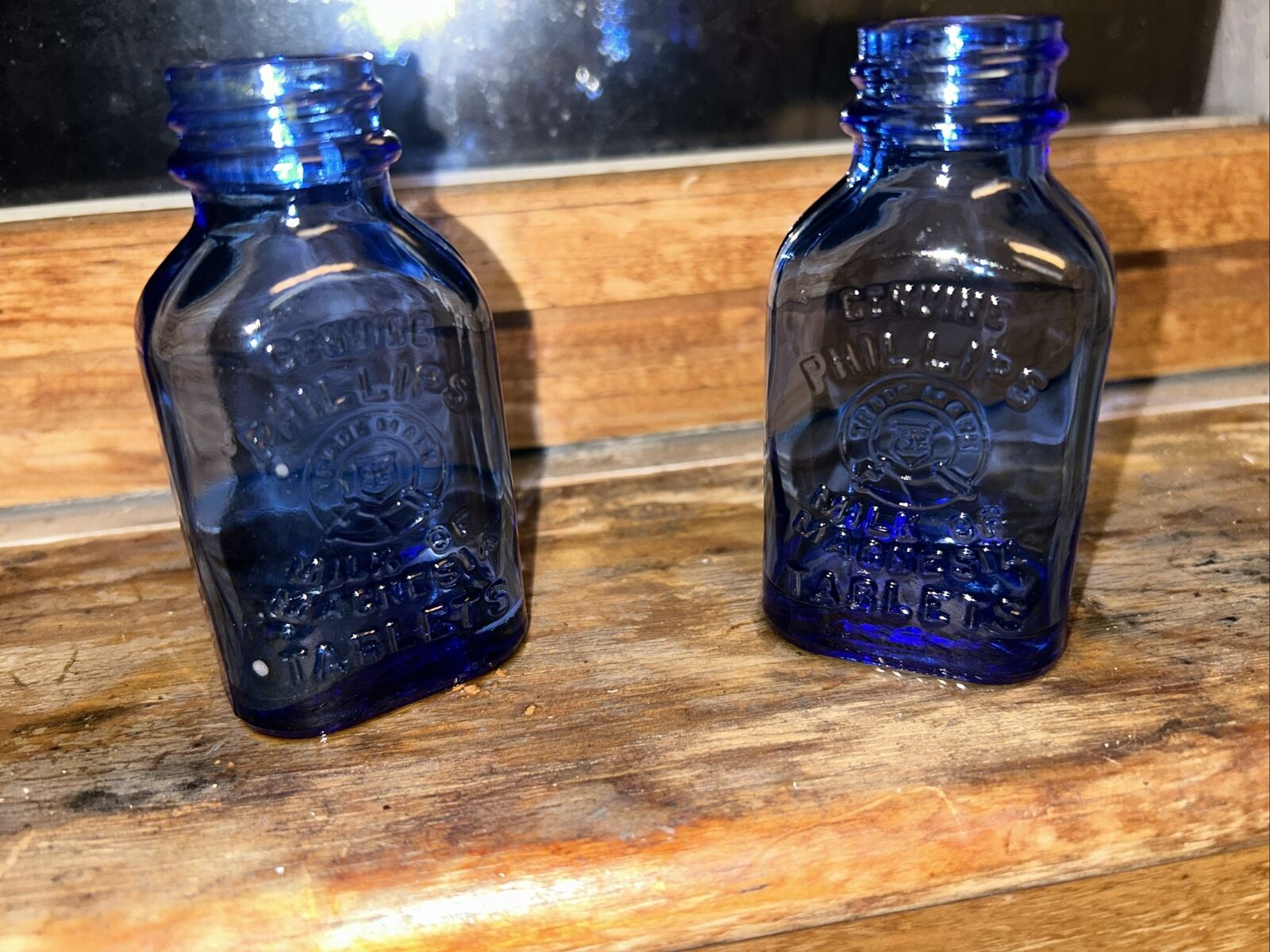 Lot Of 2 Beautiful Cobalt Blue Phillips Milk Of Magnesia Tablet Bottles Antique 