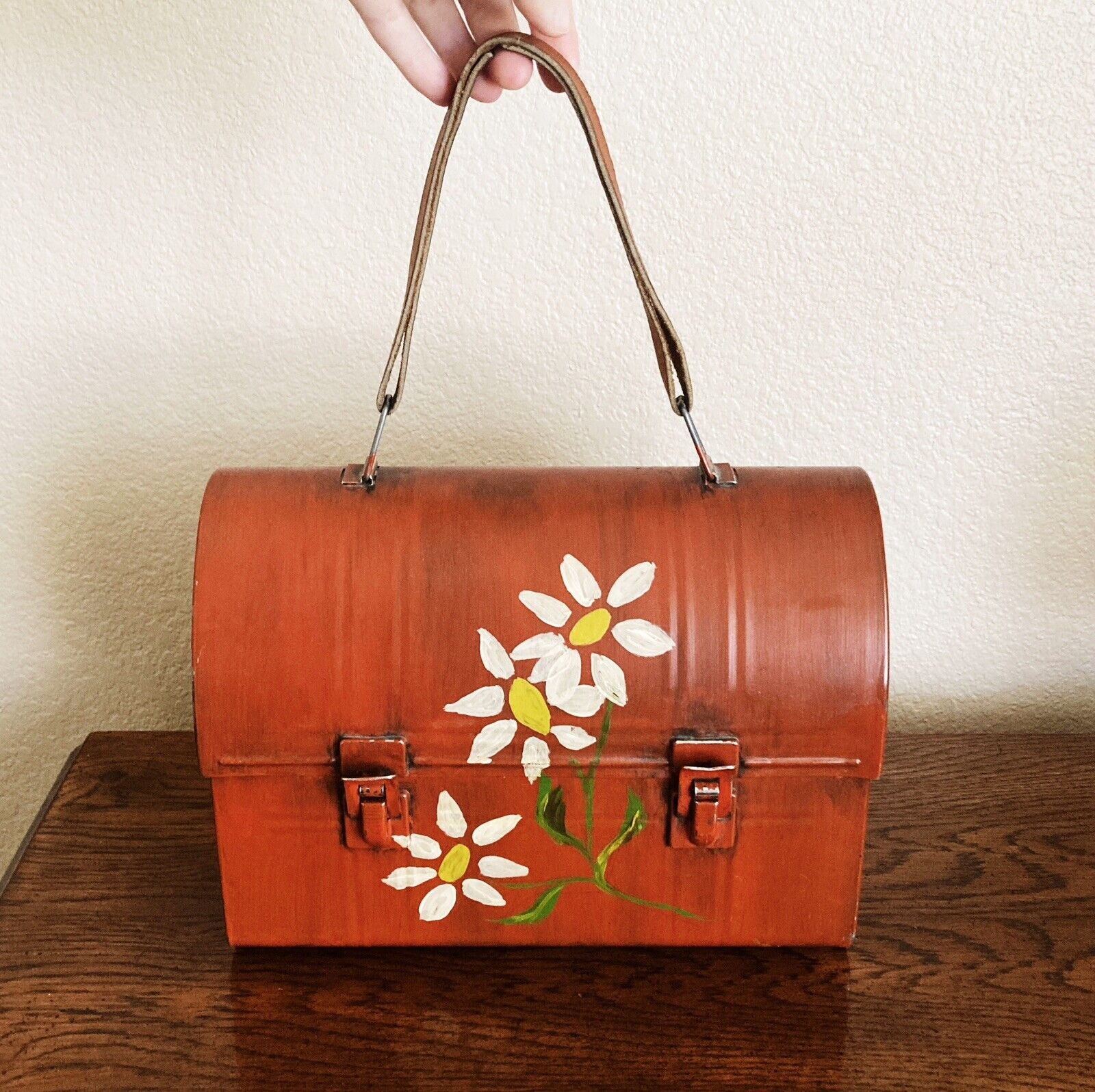 Vintage 1970s Dome Metal Lunchbox Hand painted Daisies