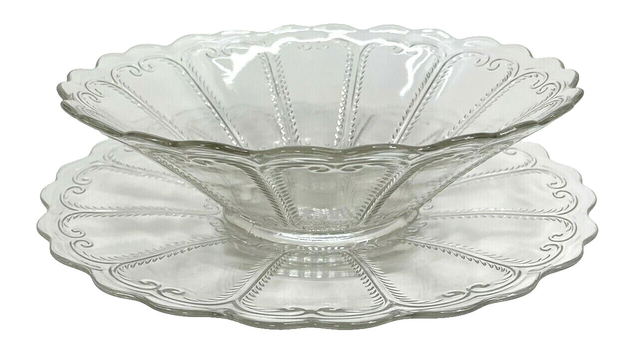 Vintage Crystal Clear Glass Serving Bowl & Underplate Depression Glass 10.5