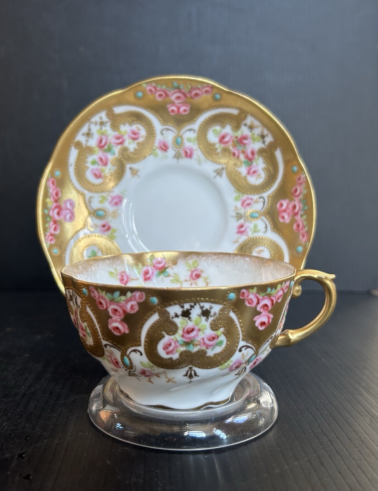 Antique Aynsley England Hand Painted Roses Jeweled TeaCup & Saucer Set