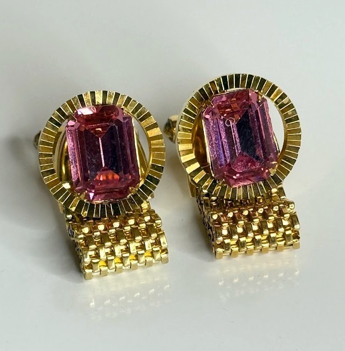 Vtg Gold Tone Red Pink Cabochon Wrap Mesh Cufflinks Mid Century Men’s Jewelry