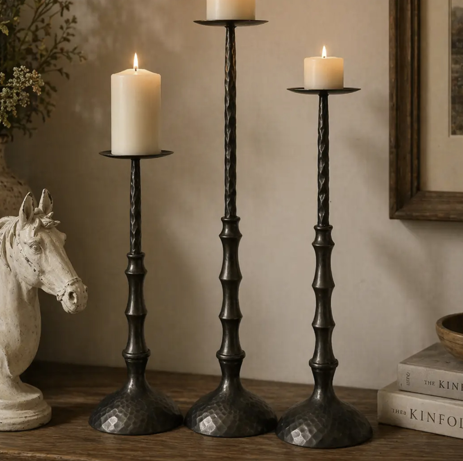 Vintage Metal Hammered Pillar Candelabra Candle Holder Set of 3 Italian Style
