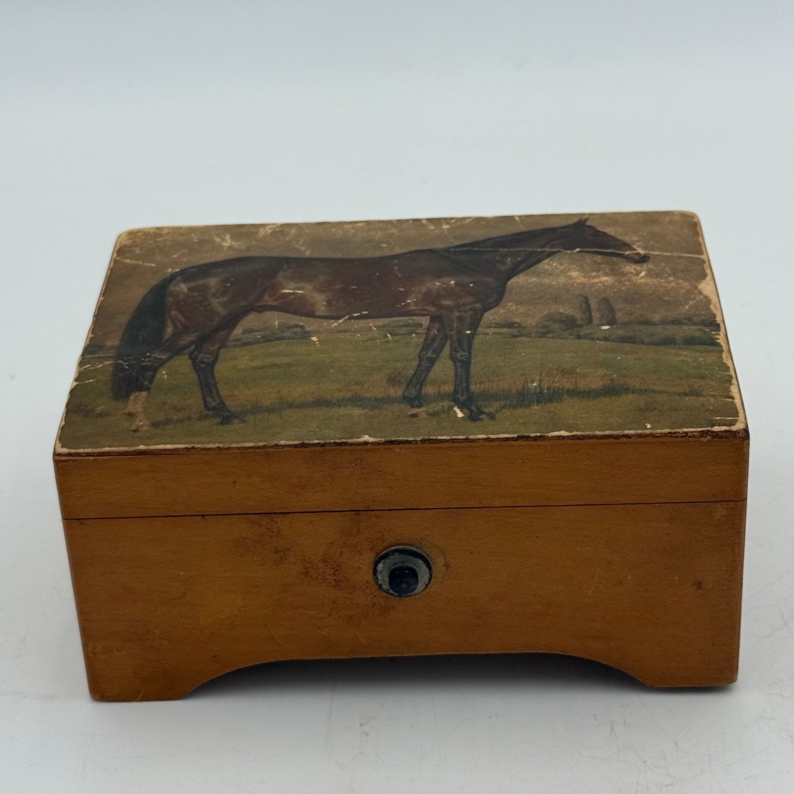 Vintage Horse Equestrian Wooden Music Box Swiss Movement Merry Widow Waltz