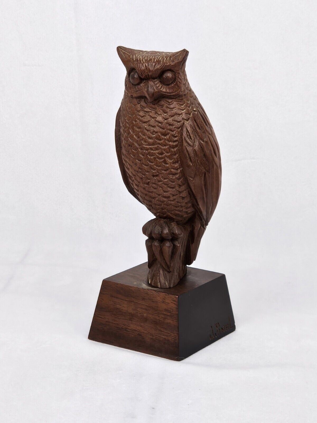 Vintage J. Jose Pinal Hand Carved Wooden Owl Mexican Folk Art Mid Century Signed