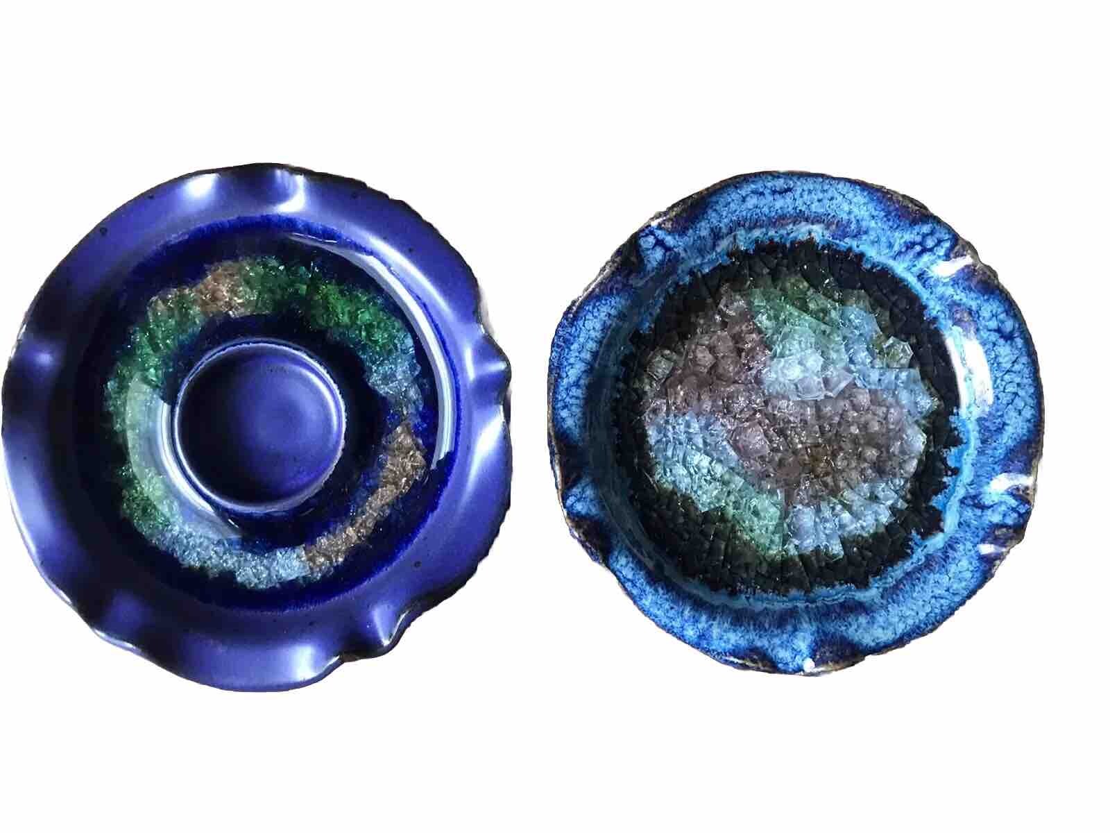 Crystalline Art Pottery Blue Candle Holders or Trinket Dishes Set of 2 NEW COND