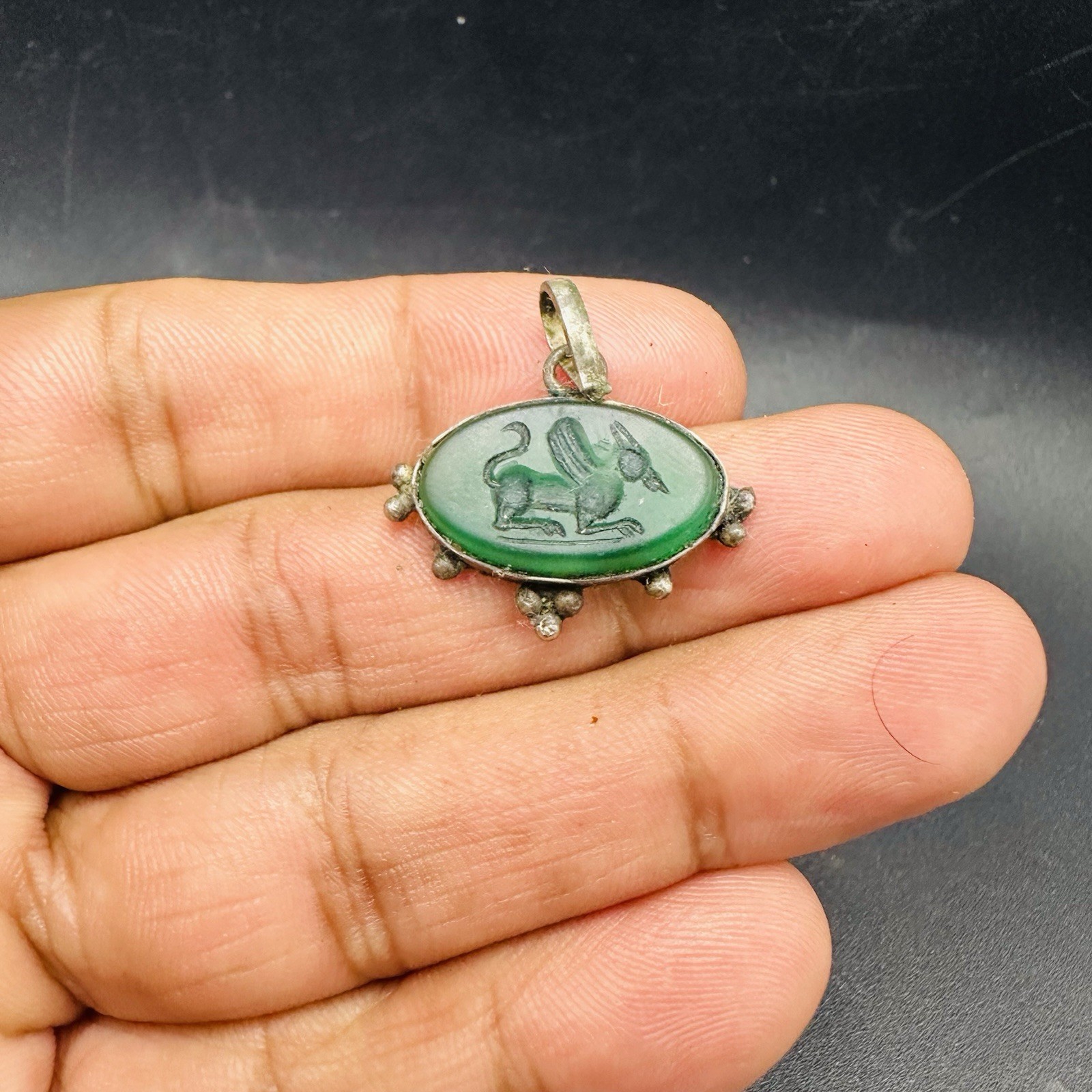 Antique style carved stone Silver pendant green agate intaglio ethnic tribal