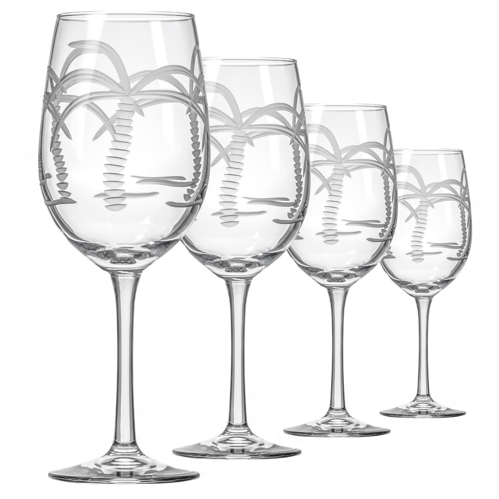 Rolf Glass Palm Tree 12oz White Wine Stemware Set of 4 Diamond Wheel Engraved