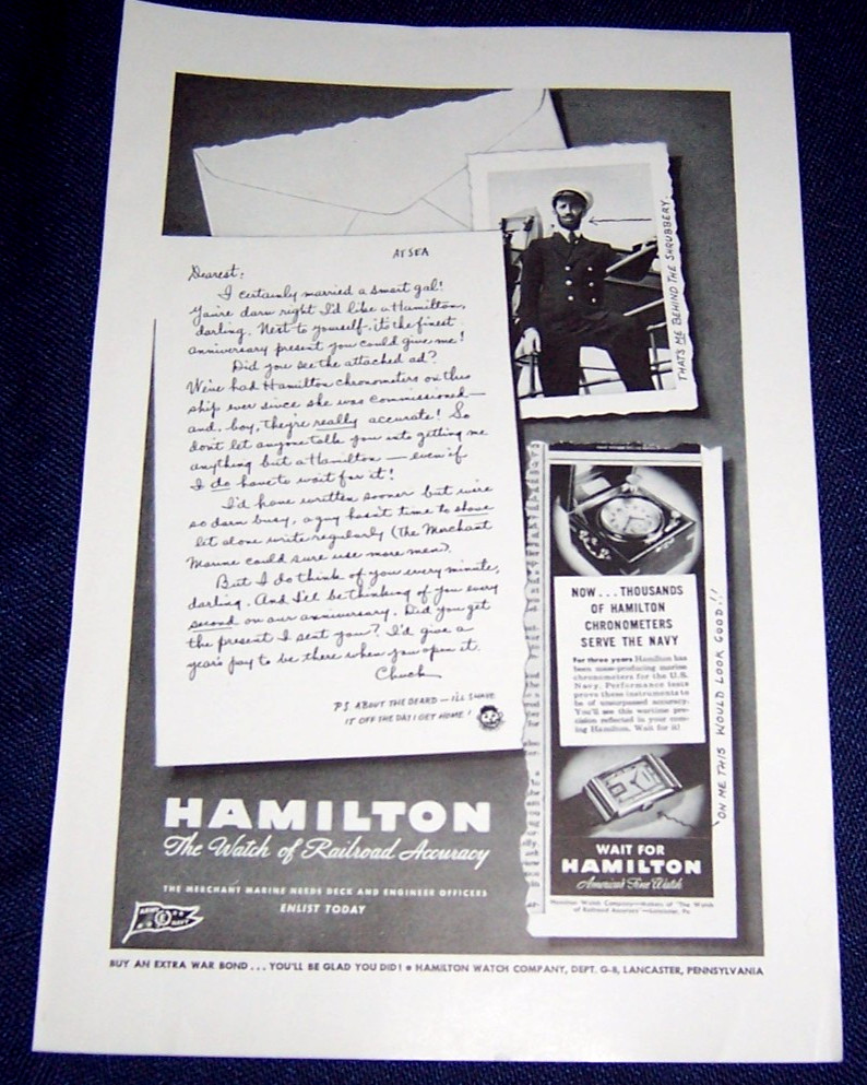 1945 WWII Ad ~ HAMILTON WATCH - The Watch of Railroad Accuracy -Navy Chronometer