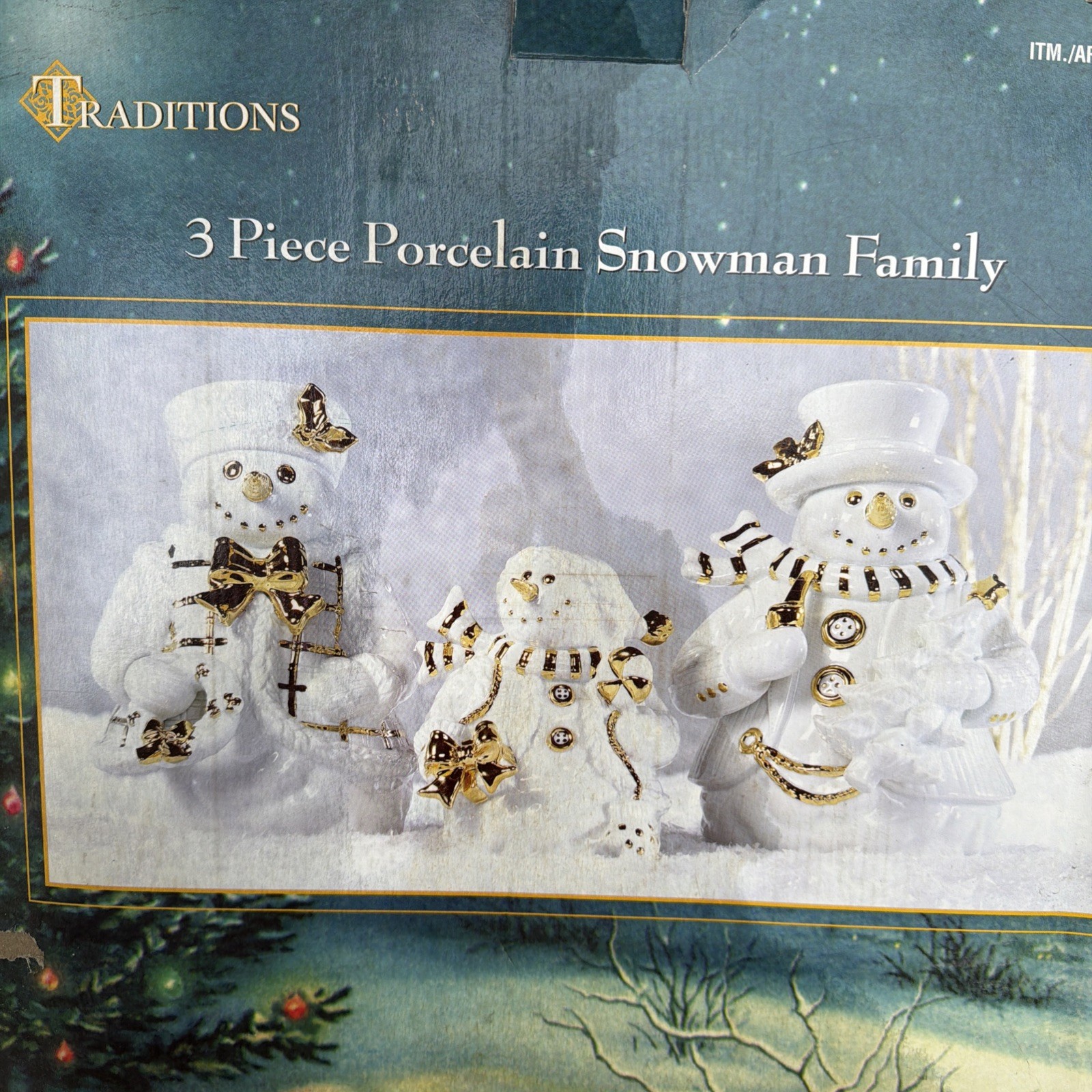 Vintage Traditions 3 Piece Porcelain Snowman Family White Gold Trim New 220301 Vintage Traditions 3 Piece Porcelain Snowman Family White Gold Trim New 220301