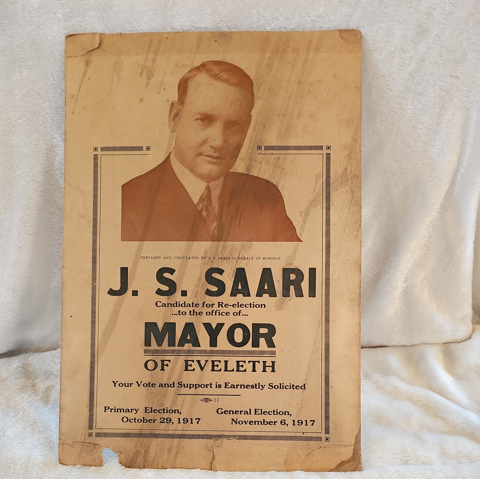 1917 Mayor Re-Election Poster Eveleth Minnesota J.S. Saari