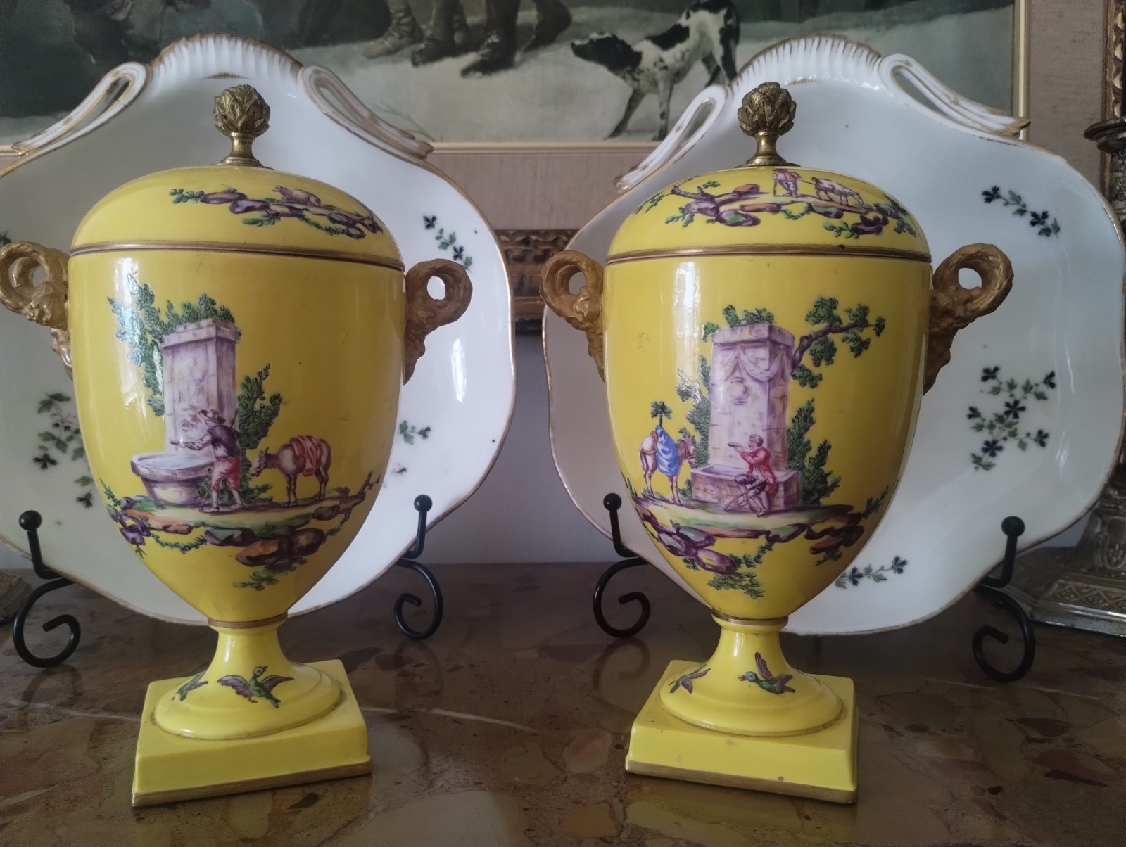 Two Antique Mennecy Covered Urn Form Garnitures- Yellow With Birds And Figures