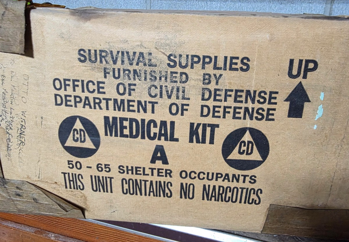 Vintage Dept of Civil Defense Survival Supplies - Drum and Unopened Medical Box