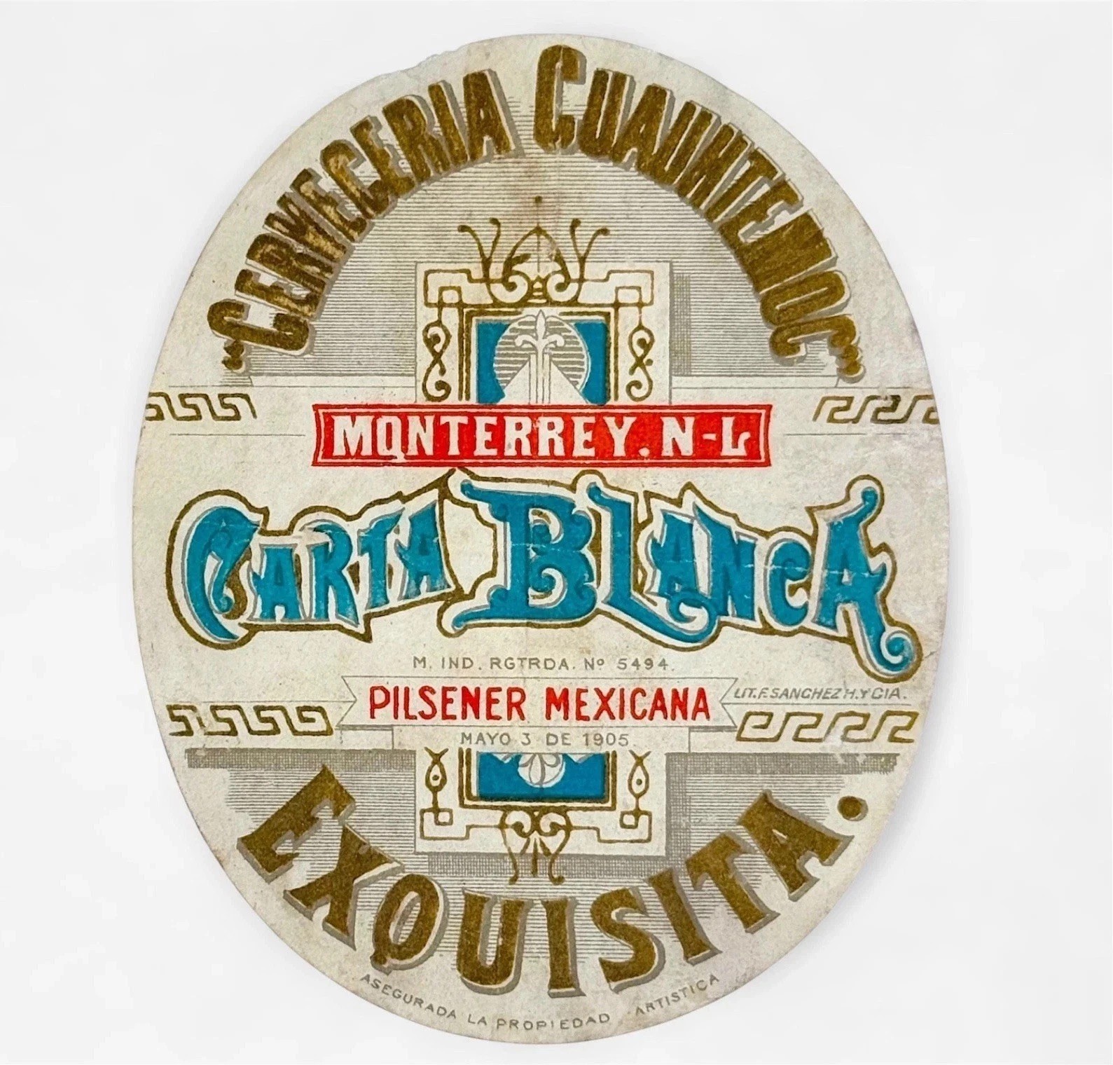 Antique 1905 Carta Blanca Beer Label Cerveceria Cuauhtemoc Monterrey Mexico