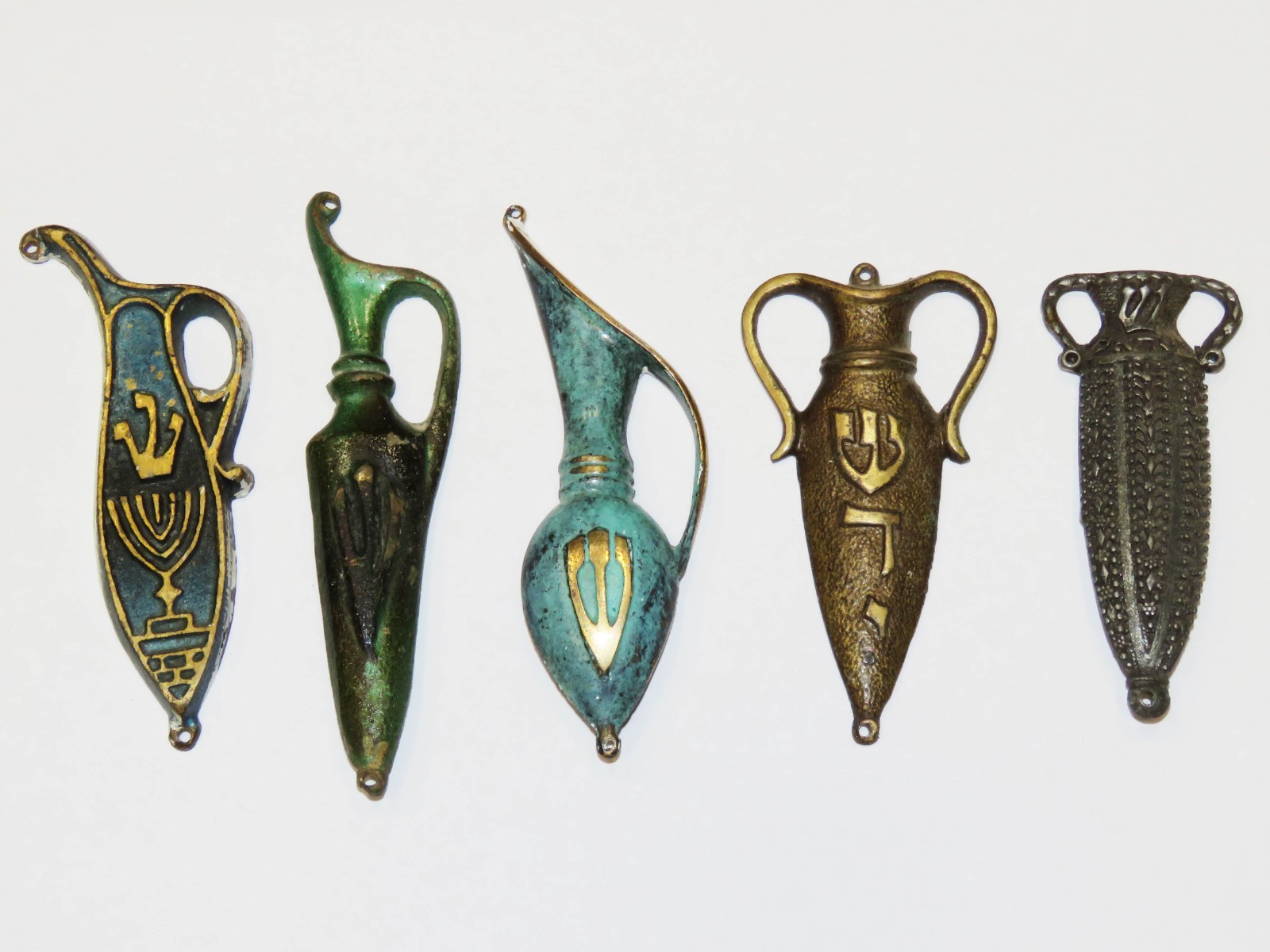 Beautiful Vintage Collection 5 Mezuzah cases Brass Oil Jug Israel Jerusalem 1960