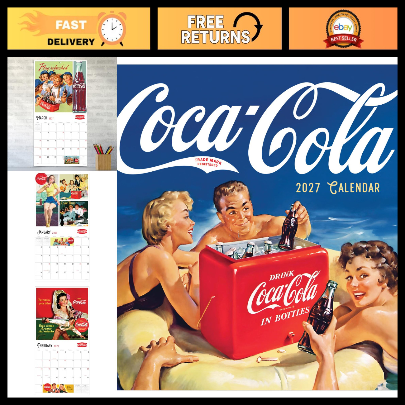 Vintage Coca-Cola Wall Calendar 2027 - Nostalgic 12x12 Inch Decor, Retro Art