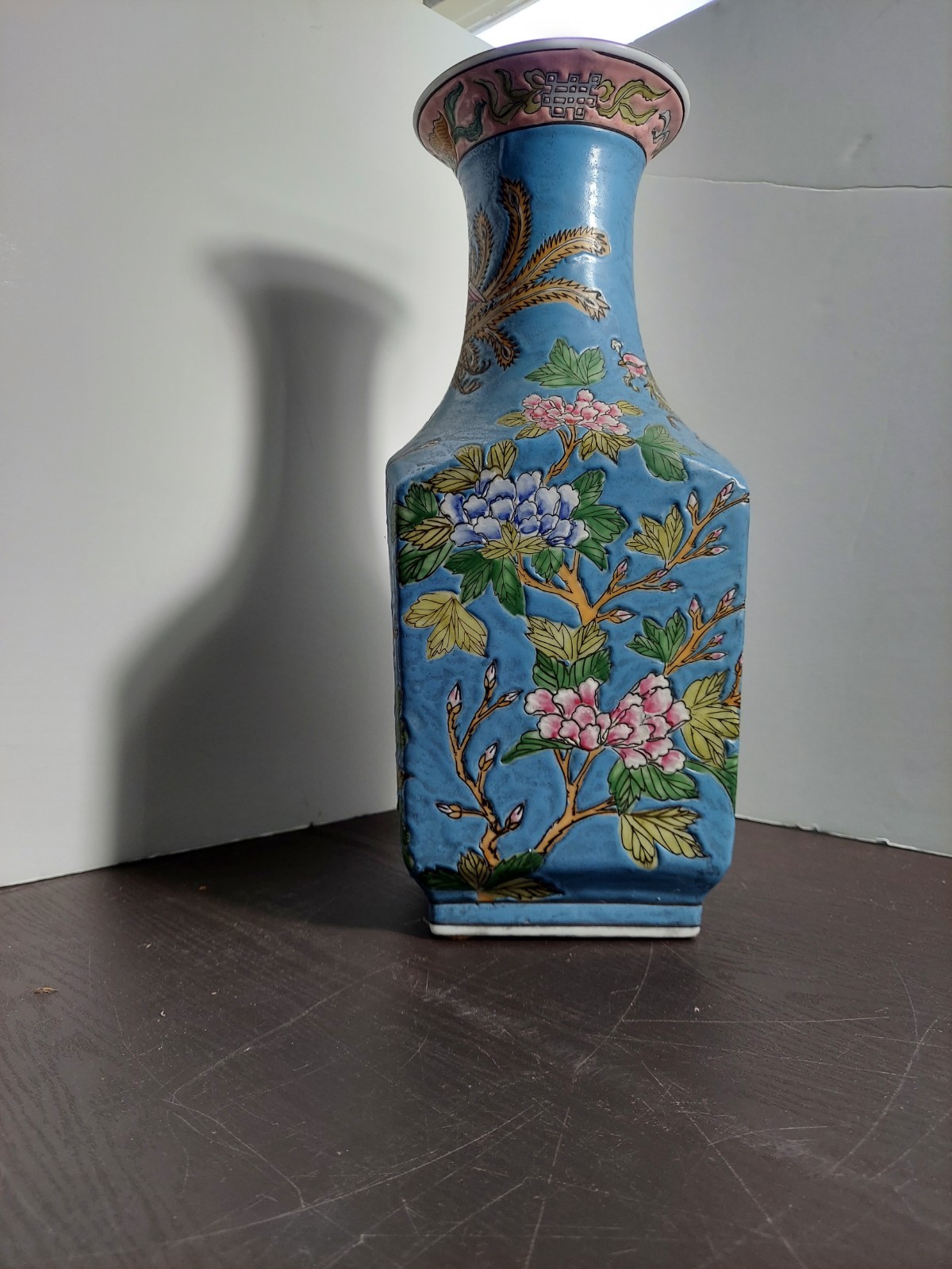 14” Vintage Macau Chinese Porcelain Hand-Painted Famille Rose Vase Squared