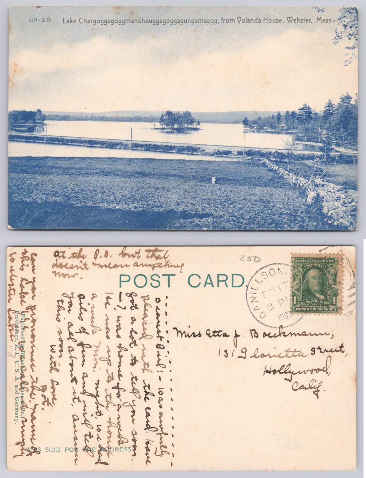 Lake Chargoggagoggmanchauggagoggagungamaugg Webster MA 1908 Postcard
