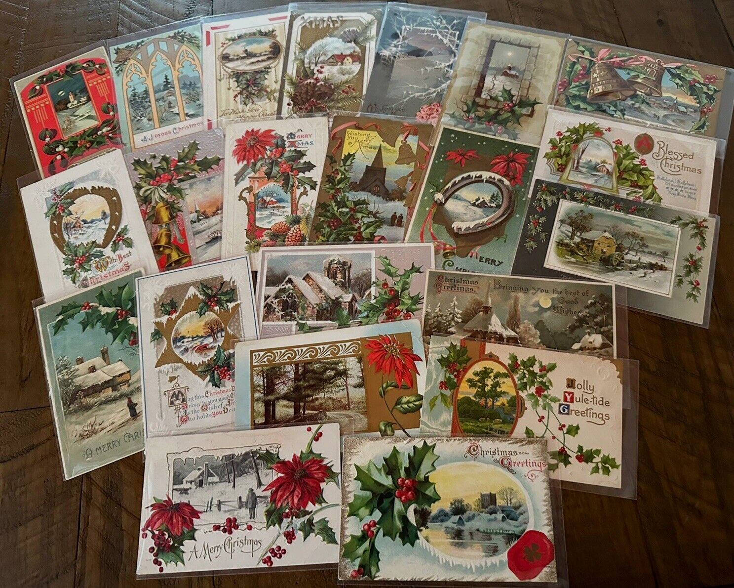 Lot of 22 Vintage~Christmas Postcards with Snowy Cottage & Church~Scenes-k505