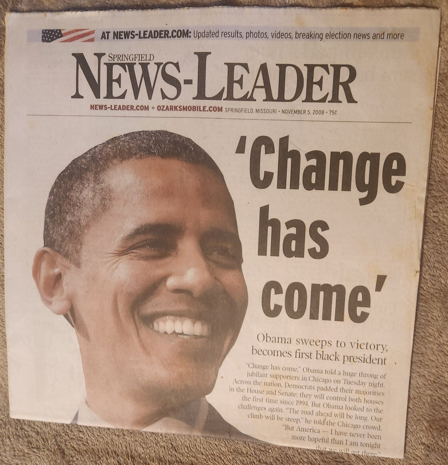 Springfield News-Leader Newspaper Nov 5 2008 “Change Has Come” Obama Front Page Springfield News-Leader Newspaper Nov 5 2008 “Change Has Come” Obama Front Page
