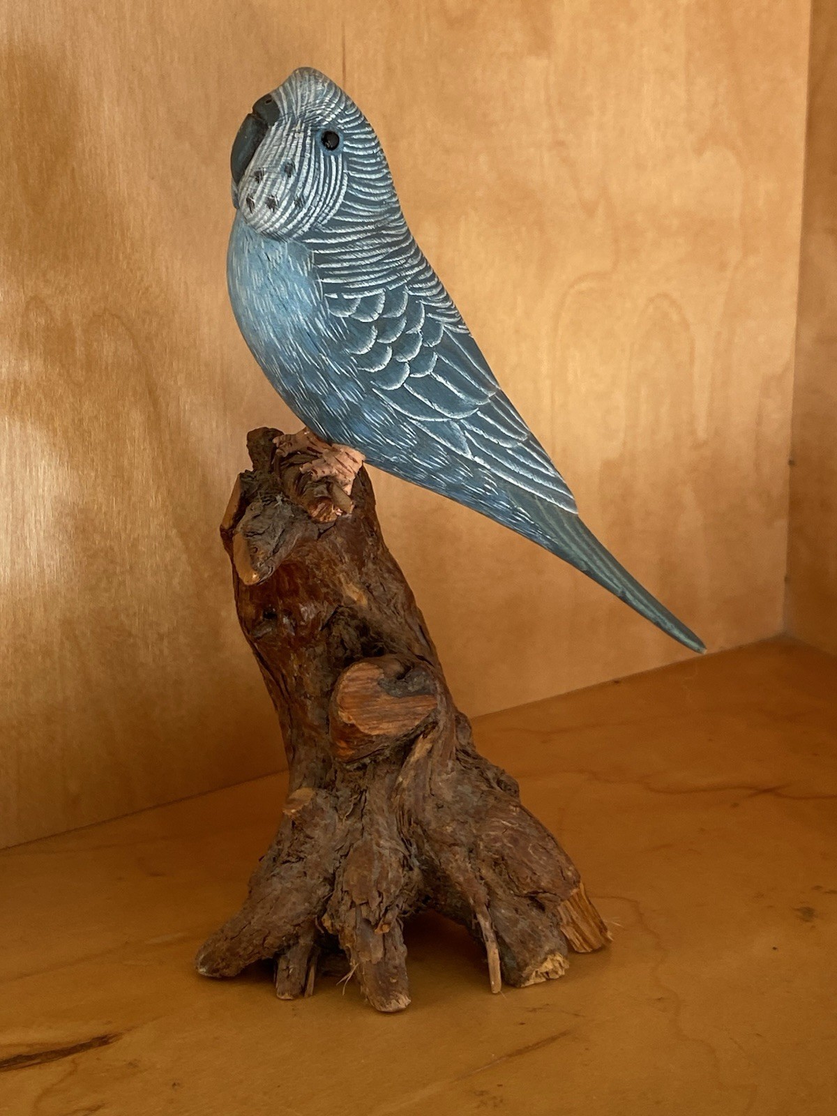 Hand Carved Hand Painted Blue Budgie Parakeet Budgerigar on Wood Stump 