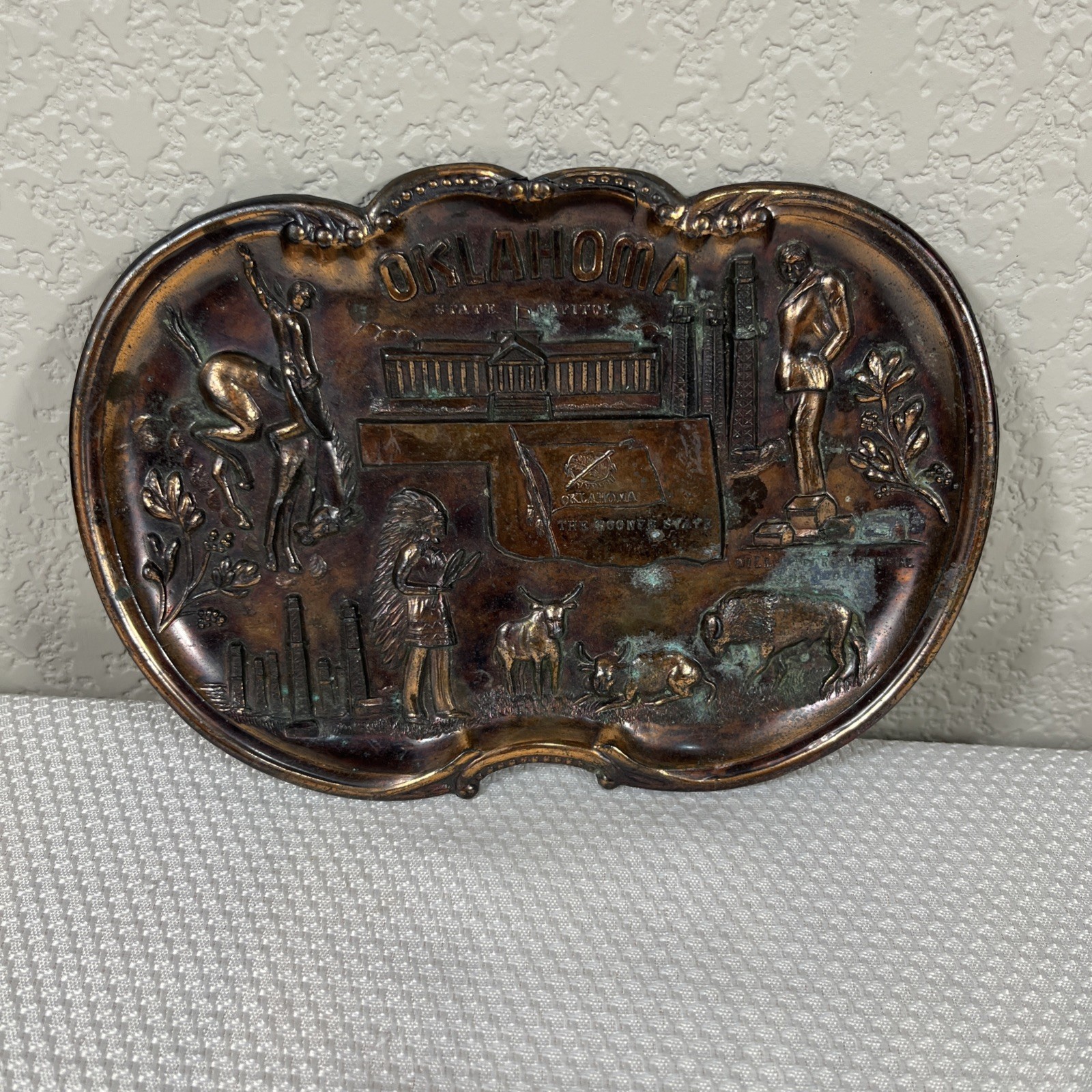 Vintage OKLAHOMA Copper Finished Trinket Tray Embossed Designs Made In Japan